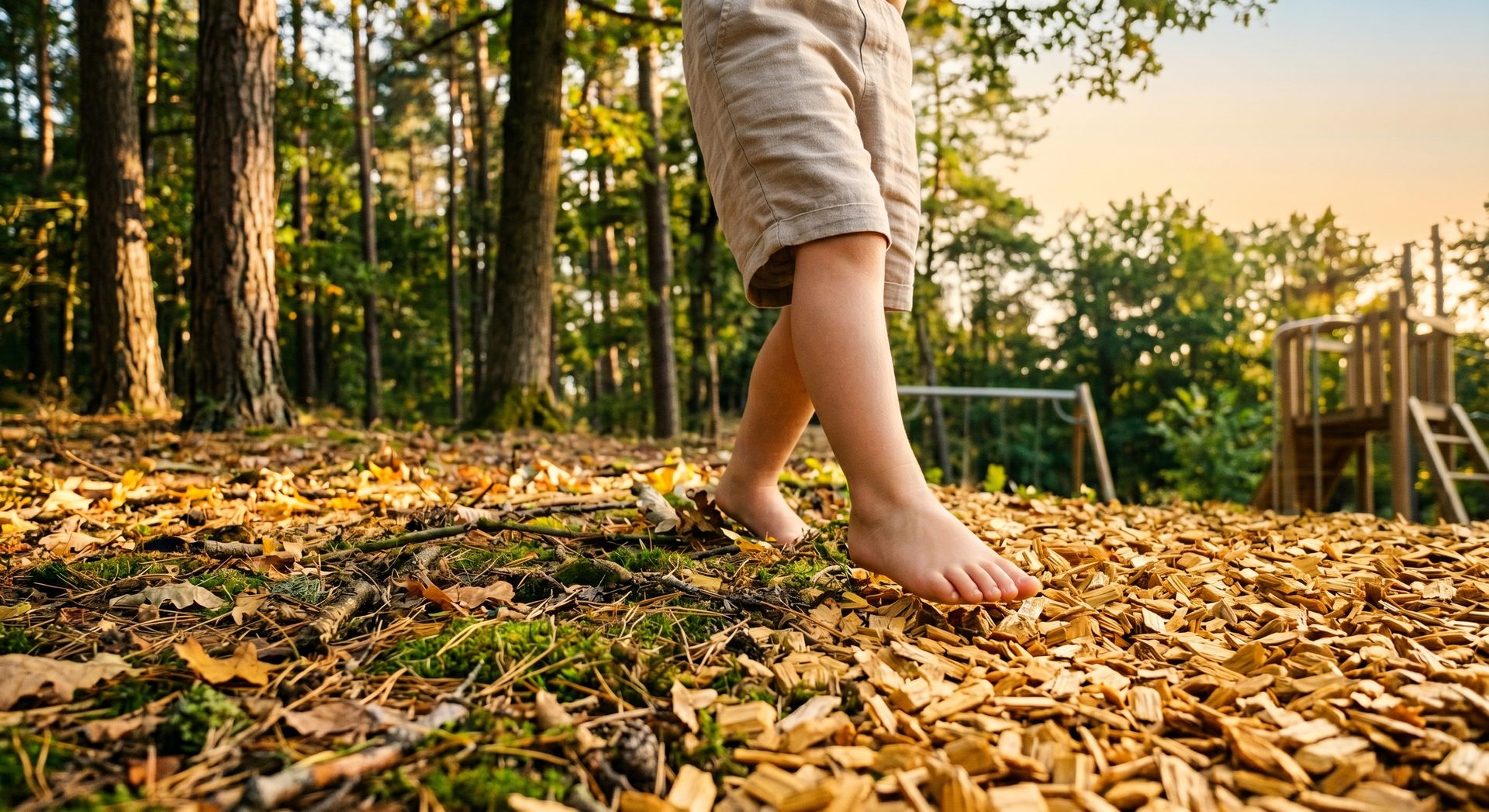 Pieds nus d'enfant sur copeaux LUDOSOL — transition forêt et aire de jeux